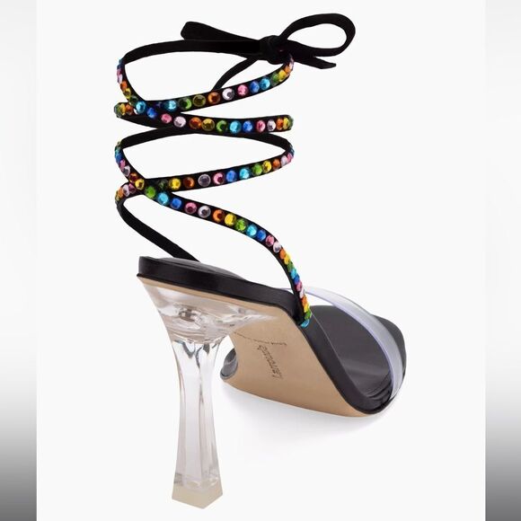 NWOB Larroude Disco Gloria Embellished Wrap Sandals in Black Leather/Vinyl 6.5 - Picture 3 of 16